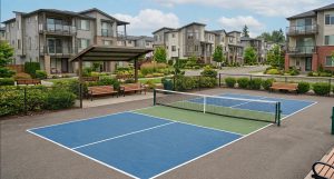 Pickleball courts within a residential condominium or HOA community