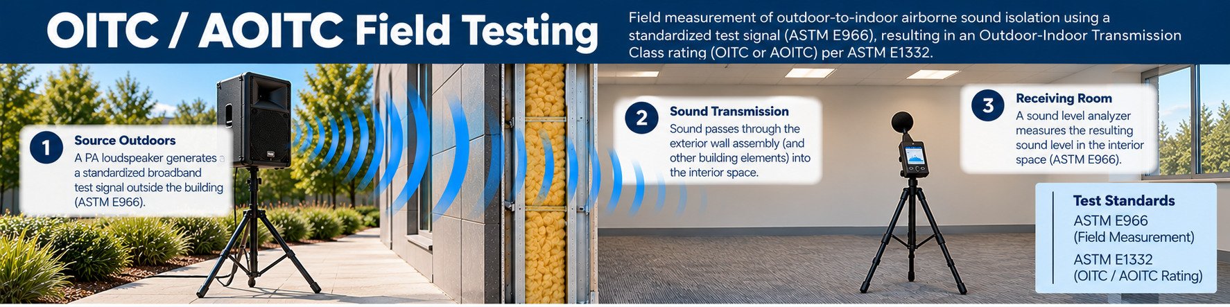AOITC outdoor indoor sound transmission field testing